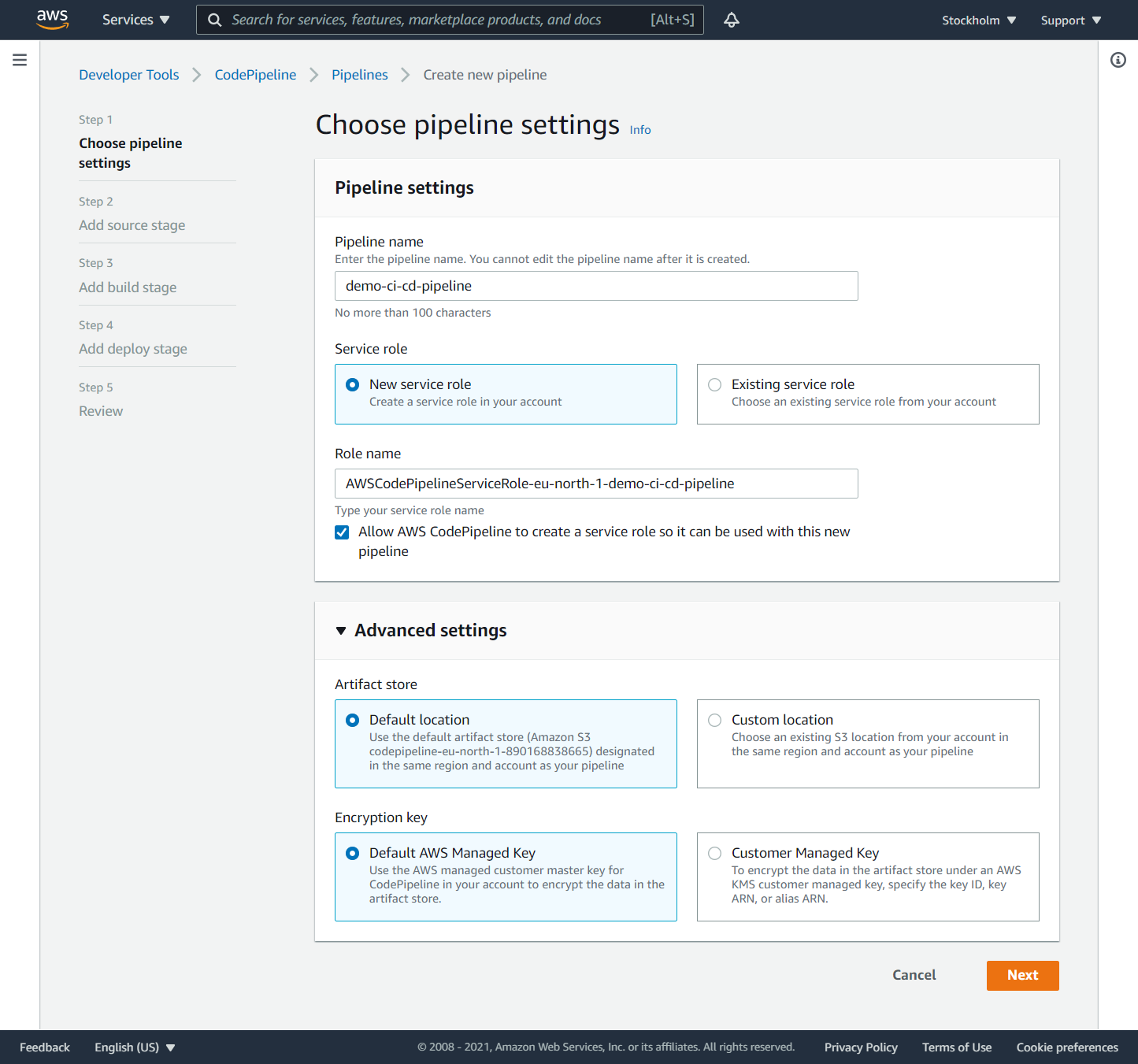 CodePipeline. Step 1. Pipeline setting