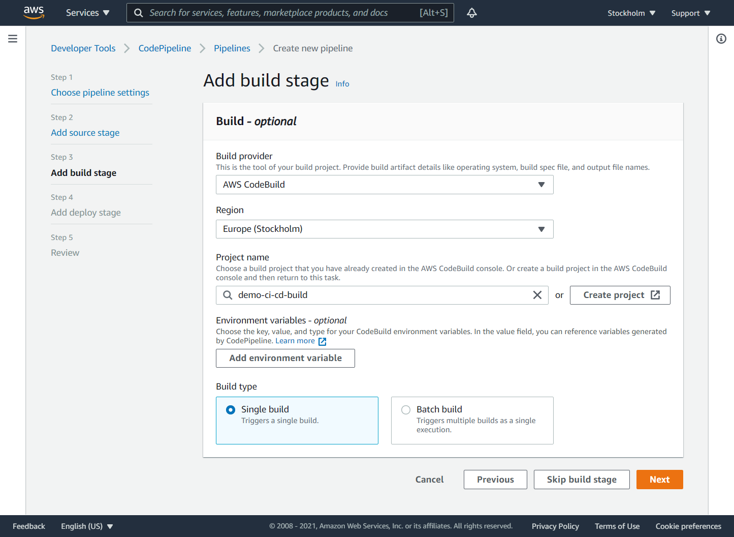 CodePipeline. Step 3. Build stage