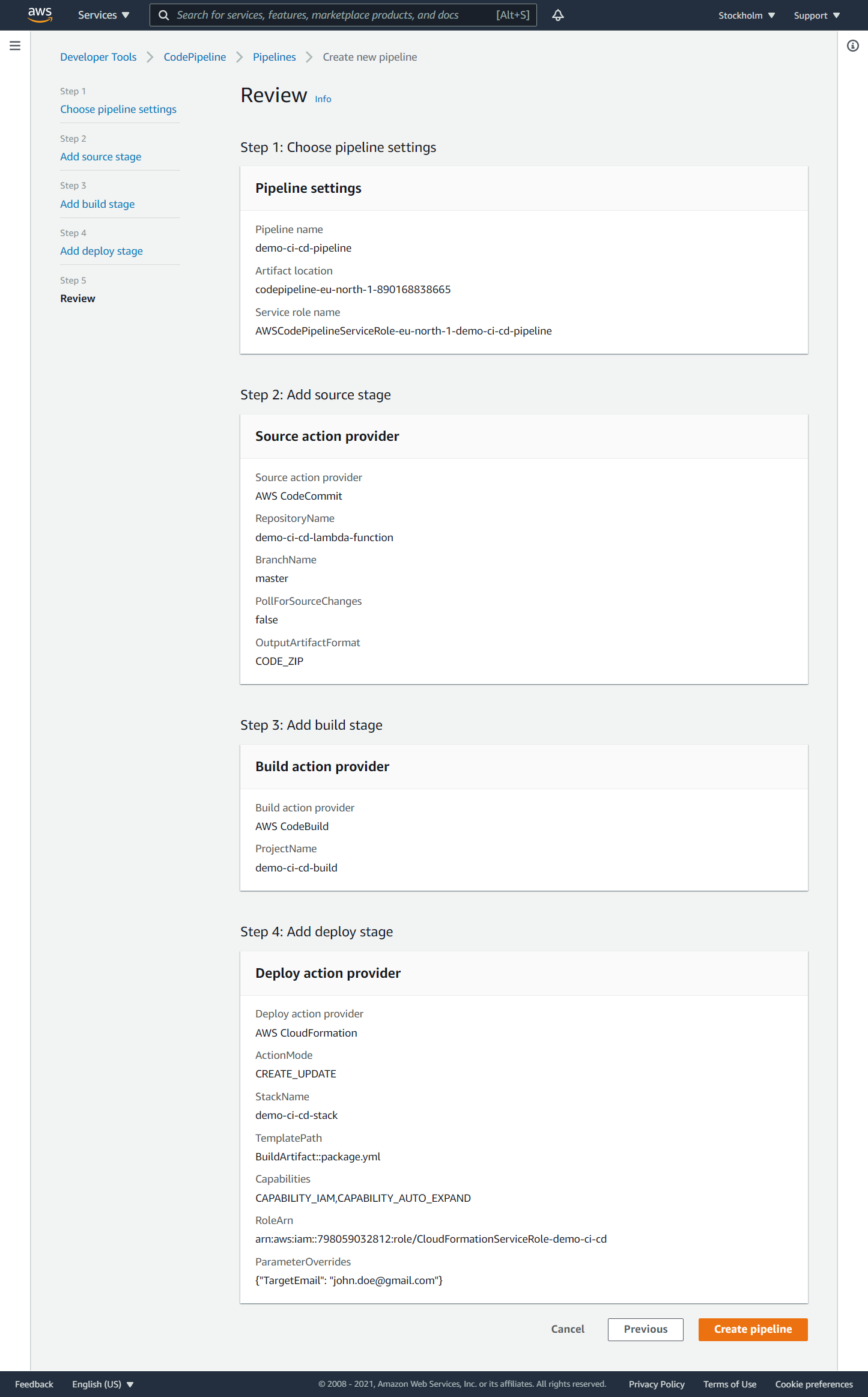 CodePipeline. Step 5. Review